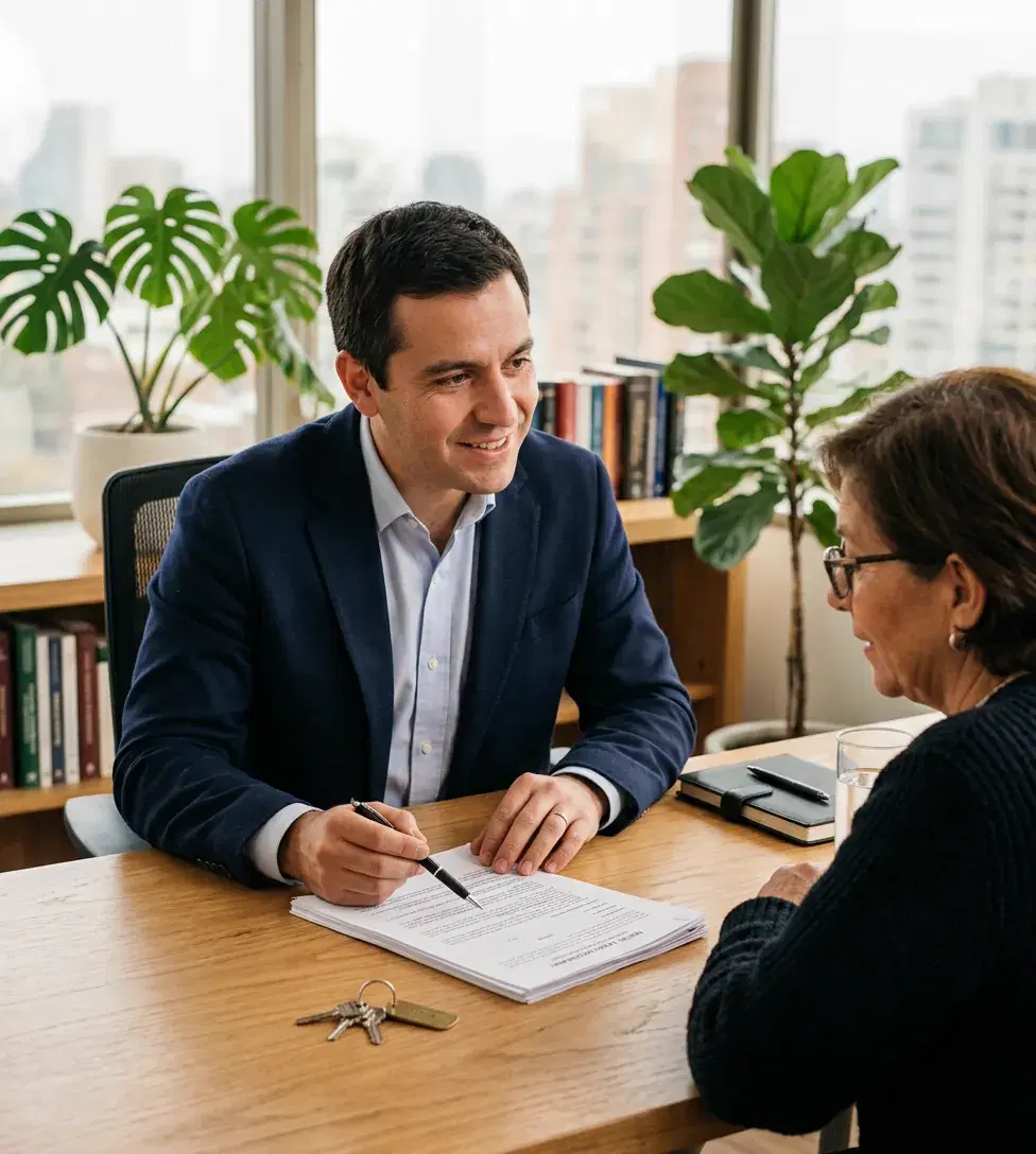 Abogado inmobiliario verificado revisando un contrato de arriendo con un propietario