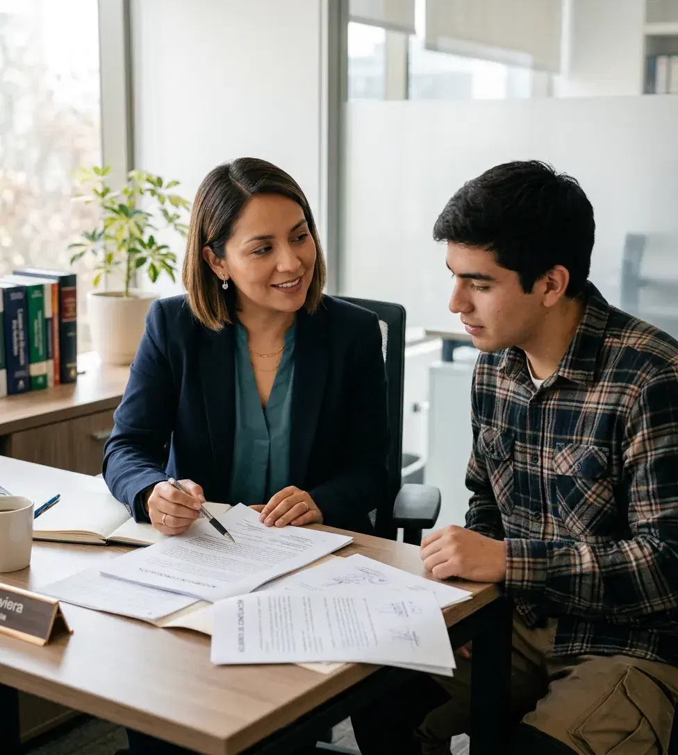 Abogada laboral verificada revisando un finiquito junto a un trabajador