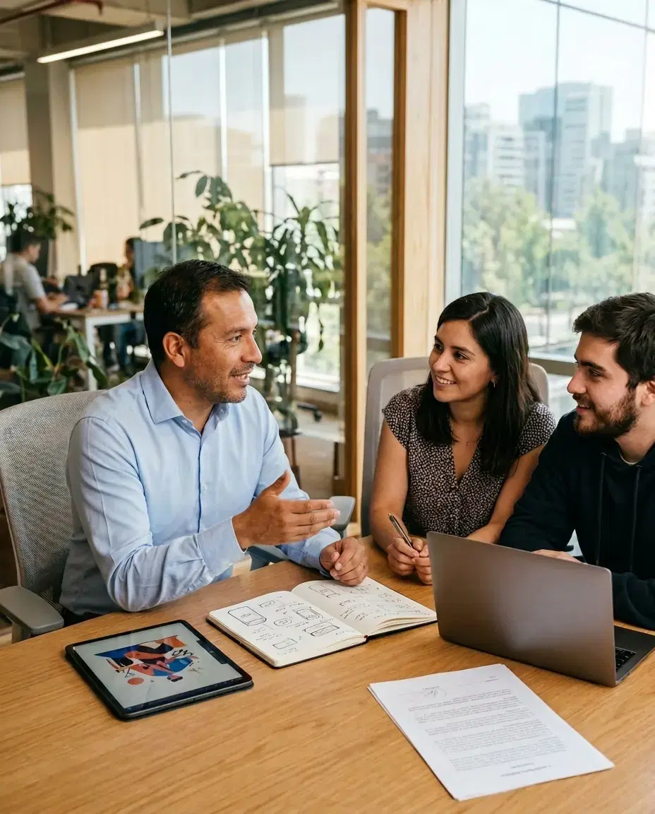 Abogado conversando con una diseñadora y un desarrollador sobre sus creaciones y su software