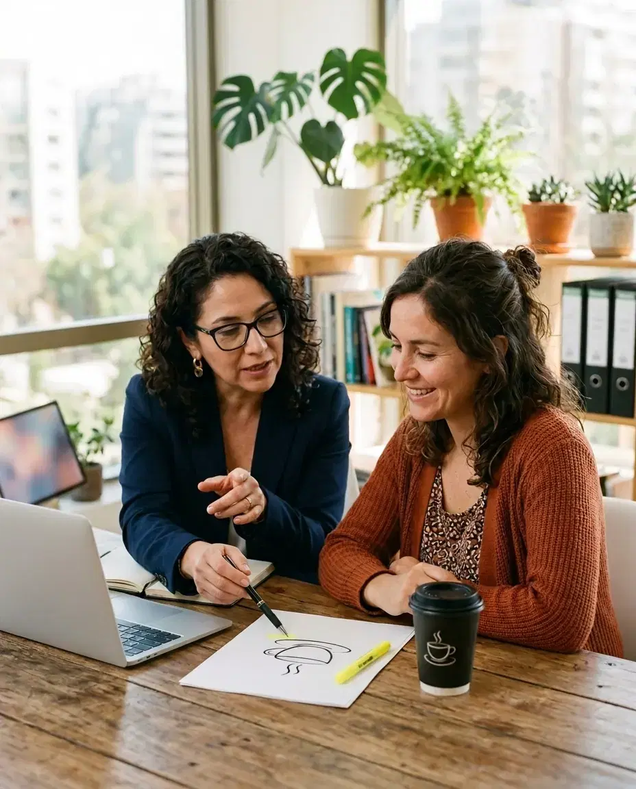 Abogada revisando con la dueña de una cafetería el logo que quiere registrar