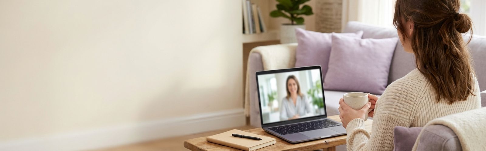 Persona en su casa en videollamada con una abogada
