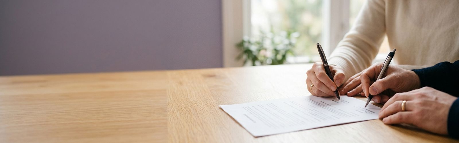 Dos personas firman un documento sobre una mesa