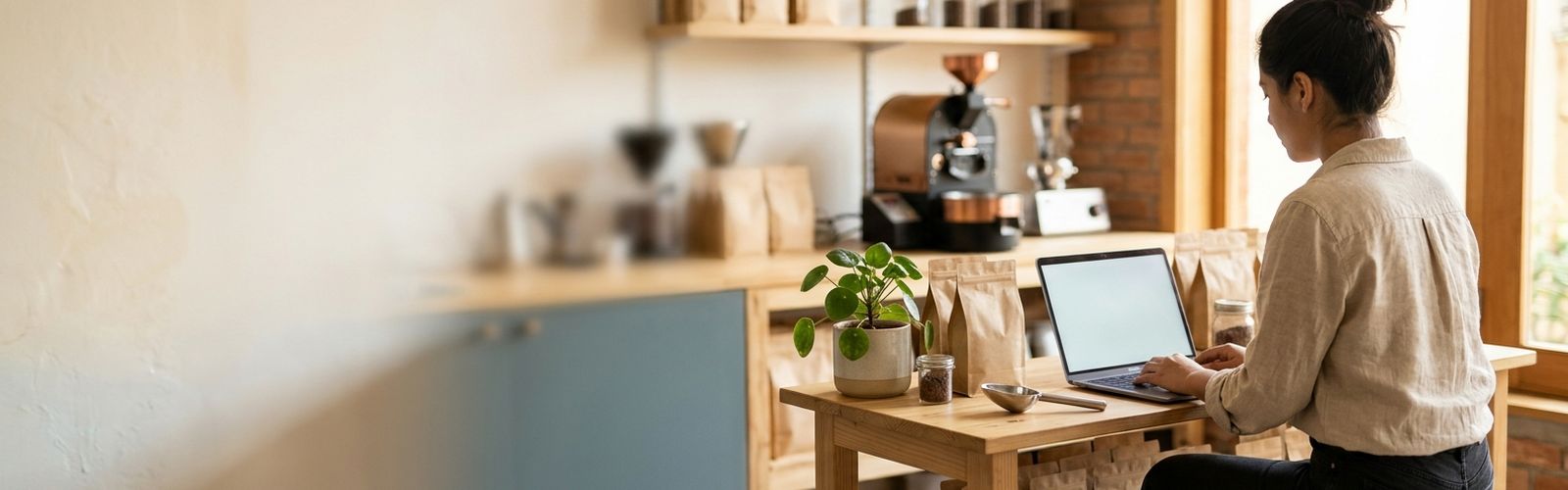 Emprendedora trabaja en su computador en un taller de café